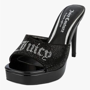 Juicy Couture Rhinestone Logo Heels Black Platform Mules Size 7.5 Like New
